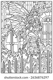 Fantasy engraved illustration with beautiful fairy girl with wings, swords  decorated elements for coloring, tattoo, print, tarot cards. Vector line art graphic. Gothic, epic and vintage concept