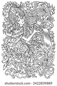 Fantasy engraved illustration with beautiful woman as witch or magician for coloring page. Hand drawn graphic line art with ethnic concept as tattoo, poster or card. 