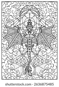 Fantasy engraved illustration with dragon, swords as wings and decorated elements for tattoo, coloring, tarot cards. Vector line art graphic. Gothic, epic and vintage concept with mystic symbols