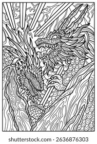 Fantasy engraved illustration with fight of dragons with swords for coloring page, tattoo, print, tarot cards. Vector line art graphic. Gothic, epic and vintage concept with mystic symbols