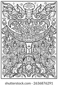 Fantasy engraved illustration with sword and decorated elements for tattoo, print, tarot cards. Vector line art graphic for coloring page. Gothic, epic and vintage concept with mystic symbols