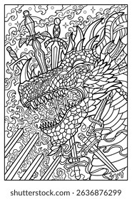 Fantasy engraved illustration with swords and dragon head for coloring page, tattoo, print, tarot cards. Vector line art graphic. Gothic, epic and vintage concept with mystic symbols