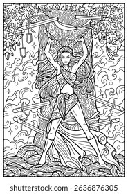 Fantasy engraved illustration with swords, tree, hero woman and decorated elements for coloring page, tattoo, print, tarot cards. Vector line art graphic. Gothic, epic and vintage concept