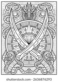Fantasy engraved illustration with two swords, compass, rope and decorated elements for tattoo, print, tarot cards. Vector line art graphic for coloring page. Gothic, epic and vintage concept