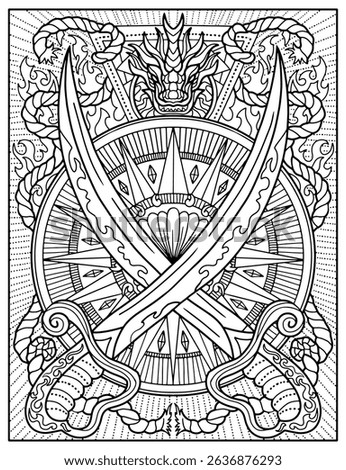 Fantasy engraved illustration with two swords, compass, rope and decorated elements for tattoo, print, tarot cards. Vector line art graphic for coloring page. Gothic, epic and vintage concept