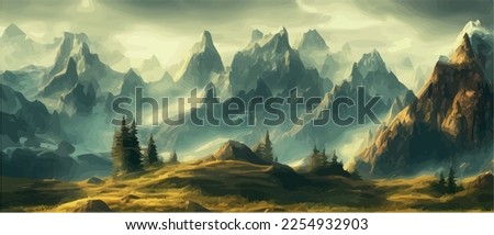 Fantasy epic magic mountain landscape. Mystical winter valley valley , Panoramic view of big mountains . Mountains landscape. Rural nature background. hills horizon Foto stock © 