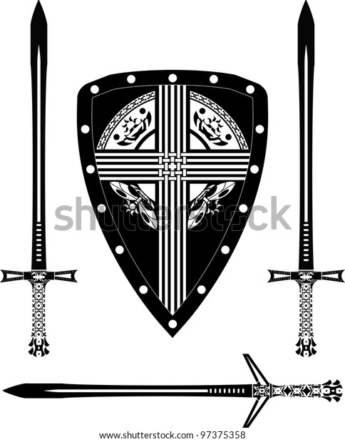 Fantasy European Shield Swords Stencil Vector Stock Vector (Royalty ...