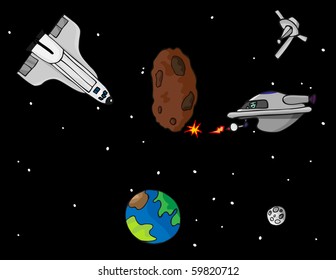 A fantasy exploration adventure in outer space with a space shuttle, satellite, space alien and asteroid.