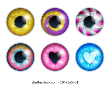 Fantasy eyes set - assorted colors. Iris pupils design. Color contact lenses. Colorful eyes realistic vector illustration.