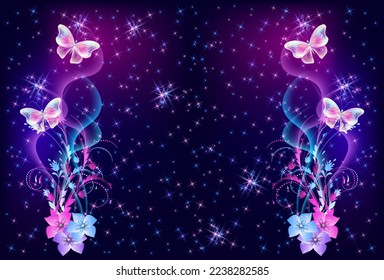 Fantasy fabulous butterflies with mystical flowers ornament and sparkle glowing stars