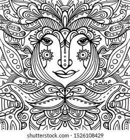 Fantasy face surrounded by flower petals and ornaments. Hand-drawn coloring page. Linear black and white vector graphic illustration. Zen-doodle art, tattoo design, music album cover.