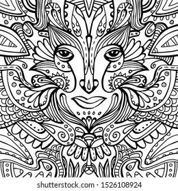 Fantasy face surrounded by flower petals and ornaments. Hand-drawn coloring page. Linear black and white vector graphic illustration. Zen-doodle art, tattoo design, music album cover.