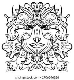 Fantasy face surrounded by flower petals and ornaments. Hand-drawn ethnic floral doodle tattoo. Lineart black and white vector graphic illustration. Zen-doodle art, tattoo design, music album cover.