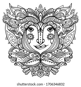 Fantasy face surrounded by flower petals and ornaments. Hand-drawn ethnic floral doodle tattoo. Lineart black and white vector graphic illustration. Zen-doodle art, tattoo design. Boho godess.