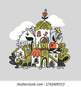 Fantasy fairy house vector illustration in hand drawn doodle style. fairytale playhouse for gnome or elf. Hand drawn fairytale house