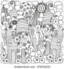 Fantasy fairy houses in the magic forest. Pattern for coloring book. Mushrooms, flowers, sun. Black and white pattern. Sketch by trace. Zentangle.