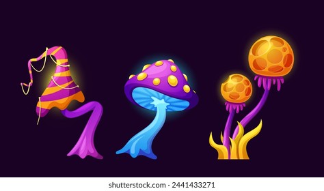 Fantasy Fairy Magic Mushrooms, Cartoon Vector Fungi Plants. Natural Fairytale Toadstool Game Assets, Poisonous Fungus