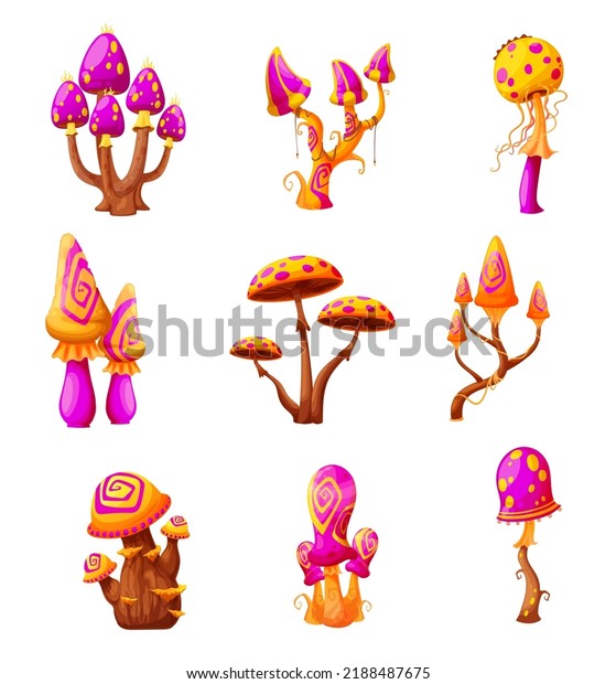 Fantasy fairy magic mushrooms, cartoon vector fungi.\
Isolated alien unusual plants with bizarre stipes and odd caps.\
Natural fairytale toadstools game assets, hallucinogenic poisonous\
fungus set
