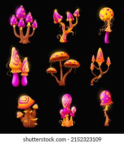 Fantasy fairy magic mushrooms, luminous toadstools and toxic amanita of fantastic forest. Red pink or purple and golden yellow isolated mushrooms with caps and spores fungi with acid poisonous drips