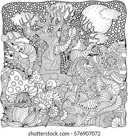  Fantasy fairy mushrooms in the magic forest. Black and white Pattern for adult Coloring book. Hand-drawn, ethnic, doodle, vector, zentangle.