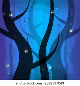 Fantasy Fairy Mystical Forest  Blue Illustration Abstract Background Vector