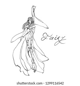 Fantasy fairy . Outline fairy character.  elf woman with tattoos, long hairs, long dress. Black outline wonder girl for fairy tales coloring book. Creature for wonder land.