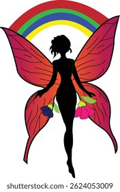 Fantasy Fairy Silhouetty with Rainbow and colorful wings Illustration 