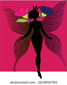 Fantasy Fairy silhoutte with flowers and pink background Illustration