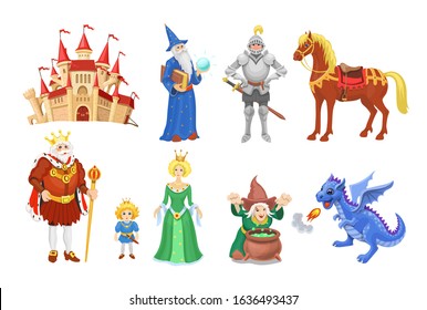 Fantasy fairy tale clipart. Cartoon characters princess, knight, dragon, wizard and king with castle, horse and witch. Medieval icons set.