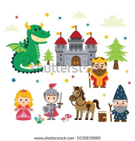 Fantasy Fairy Tale Clipart with different characters:
princess, knight, dragon, wizard and king
plus castle, tree, mushrooms, flowers, cloud and stars... all is 100% vector and well layered