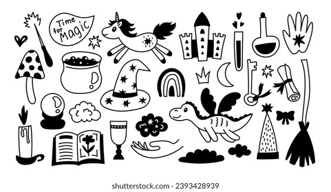 Fantasy and Fairy tale doodle elements set. Cute hand drawn black outline magical icons and symbols collection with unicorn, dragon, castle, potion, witch hat, elixir, book. Vector illustration.