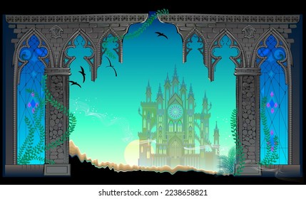Fantasy fairy tale environment. Landscape with ruined gothic castle and stained glass. Background for computer game, mural wallpaper, decoration, theatrical scenery. Vector drawing of lost world.