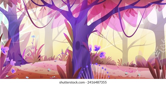 Fantasy fairy tale forest landscape scenery with trees in purple and pink colors. Imaginary jungle nature landscape with trees flowers grass. Vector hand drawn background illustration for children.