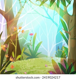 Fantasy fairy tale forest landscape scenery in spring with sunbeam. Cartoon jungle background, nature landscape with trees branches and grass. Vector hand drawn cartoon illustration for children book.