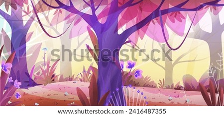 Fantasy fairy tale forest landscape scenery with trees in purple and pink colors. Imaginary jungle nature landscape with trees flowers grass. Vector hand drawn background illustration for children.