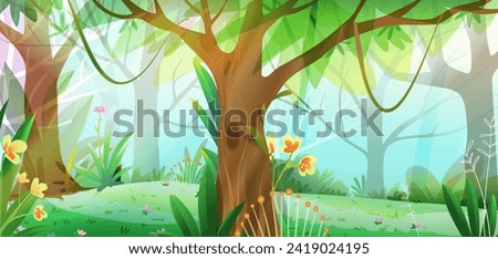 Fantasy fairy tale forest landscape scenery with trees. Cartoon jungle background, nature landscape with trees flowers and grass. Vector hand drawn background cartoon illustration for children.