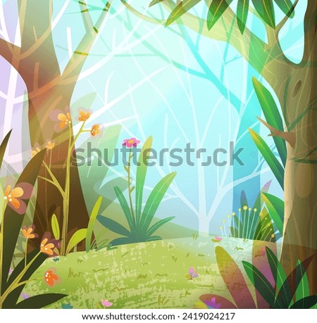 Fantasy fairy tale forest landscape scenery in spring with sunbeam. Cartoon jungle background, nature landscape with trees branches and grass. Vector hand drawn cartoon illustration for children book.