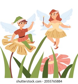 Fantasy Fairy Tale Pixie Boy And Girl Flying Among Flowers, Flat Vector Illustration Isolated On White Background. Pixies Or Elves, Sprite Creatures In Summer Garden.