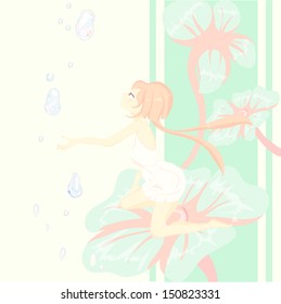 Fantasy. fairy tale, Thumbelina beautiful, girl sits on a flower and catches rain drops. Card.