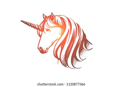 Fantasy, fairy tale, unicorn concept. Hand drawn head of hokse with unicorn. Fantasy cute animal, symbol of dream isolated vector illustration.