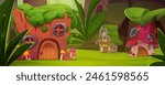 Fantasy fairy tale village and house in summer forest. Cute gnome mushroom cottage. Hobbit hut building in woodland country scene for kids magic story. Old medieval small dwarf home with window