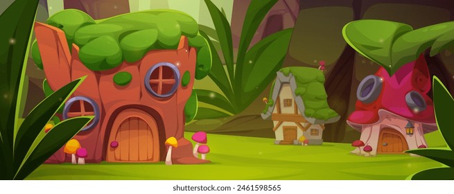 Fantasy fairy tale village and house in summer forest. Cute gnome mushroom cottage. Hobbit hut building in woodland country scene for kids magic story. Old medieval small dwarf home with window