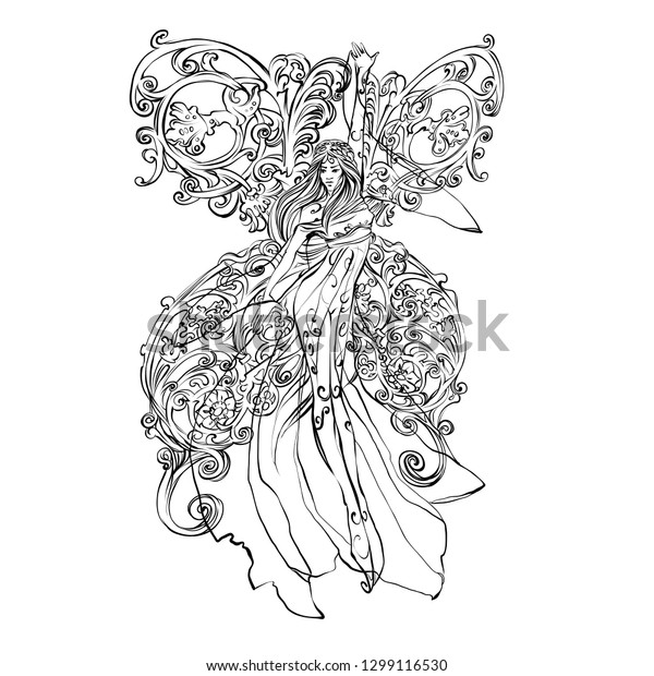 Fantasy Fairy Wings Outline Fairy Character Stock Vector Royalty Free 1299116530