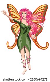 Fantasy fairy woman with long pink hair in green dress illustration.

