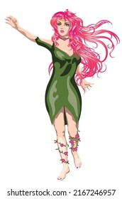 Fantasy fairy woman with long pink hair in green dress illustration.

