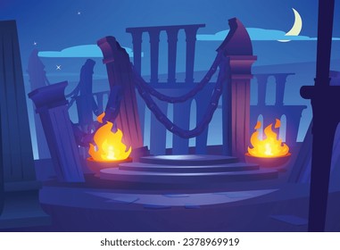 Fantasy fairy world with antique stone columns and chains on night landscape. Vector game gloom background. Mystic game portal to another dimensions, magic teleport