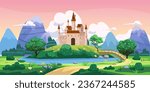 Fantasy fairytale castle landscape, green hills, trees, spring, road, mountains, panorama. Vector cartoon background illustration