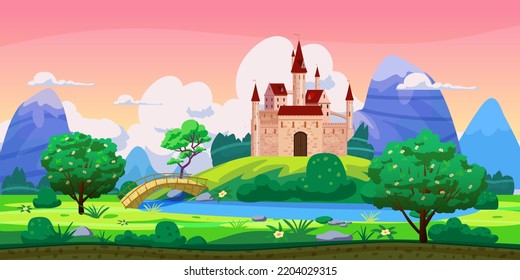 Fantasy fairytale castle landscape, green hills, trees, spring, river, mountains, panorama. Vector cartoon background illustration