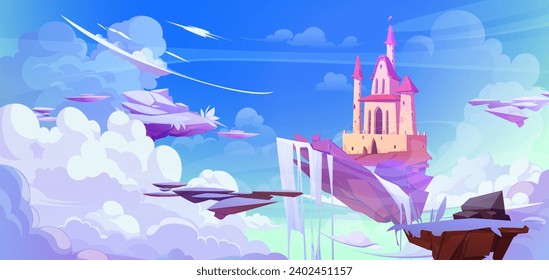 Fantasy fairytale castle on island of ground with waterfall floating in sky among clouds. Magic cartoon game vector illustration with king and princess kingdom with tower flying high in heaven.