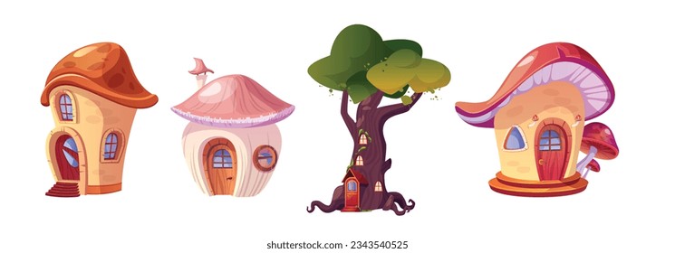 Fantasy fairytale game house building cartoon vector set. Fairy tale mushroom home with door and roof isolated icon collection. Cute village cottage exterior with treehouse tower. Gnome magic hut